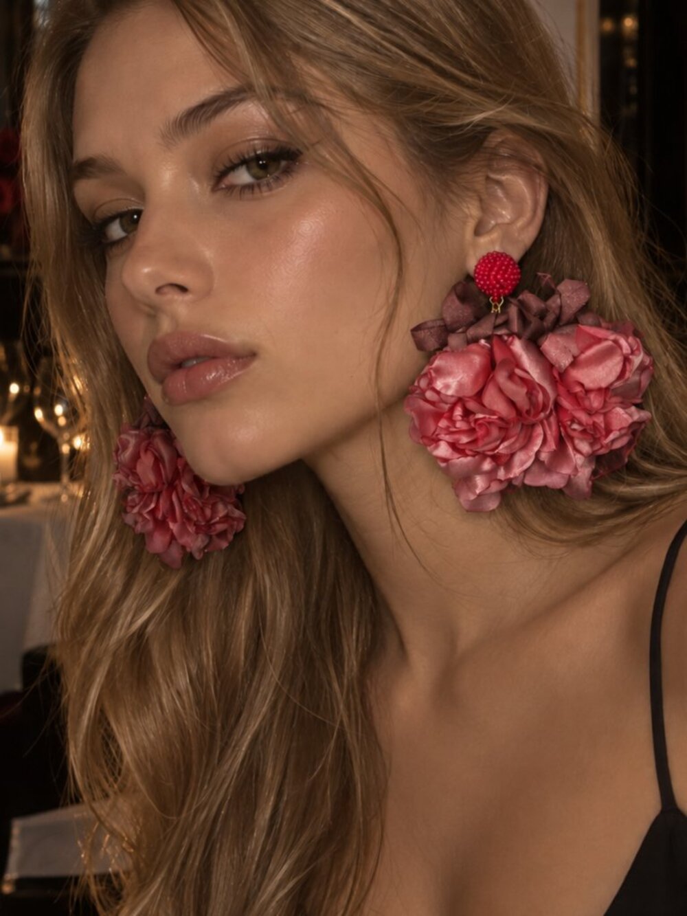 Oversized Pink Floral Statement Earrings Rose Flower